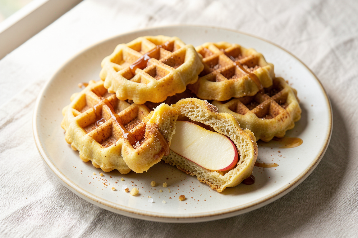 Small golden apple waffles dusted with cinnamon sugar and drizzled with caramel, with one split open to reveal the tender apple slice inside.