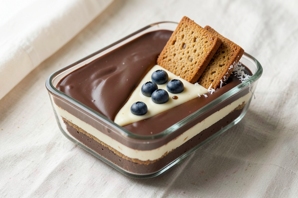 A layered chocolate and cream protein dessert in a rectangular glass dish, topped with biscuits, blueberries and coconut.