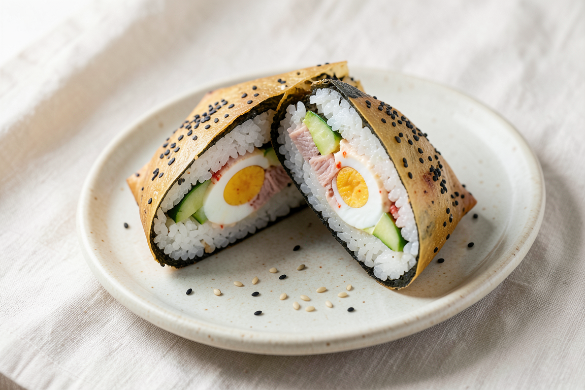 Two crisp pan-fried onigirazu halves with golden sesame-speckled wrappers and visible layers of rice, nori, tuna, egg and cucumber on a pale ceramic plate.