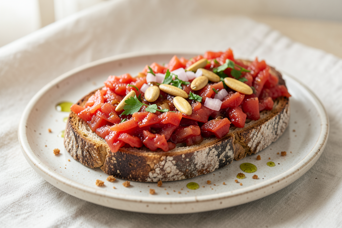 A thick slice of toasted sourdough topped with tomato, finely diced red onion, parsley and pine nuts on a pale ceramic plate.
