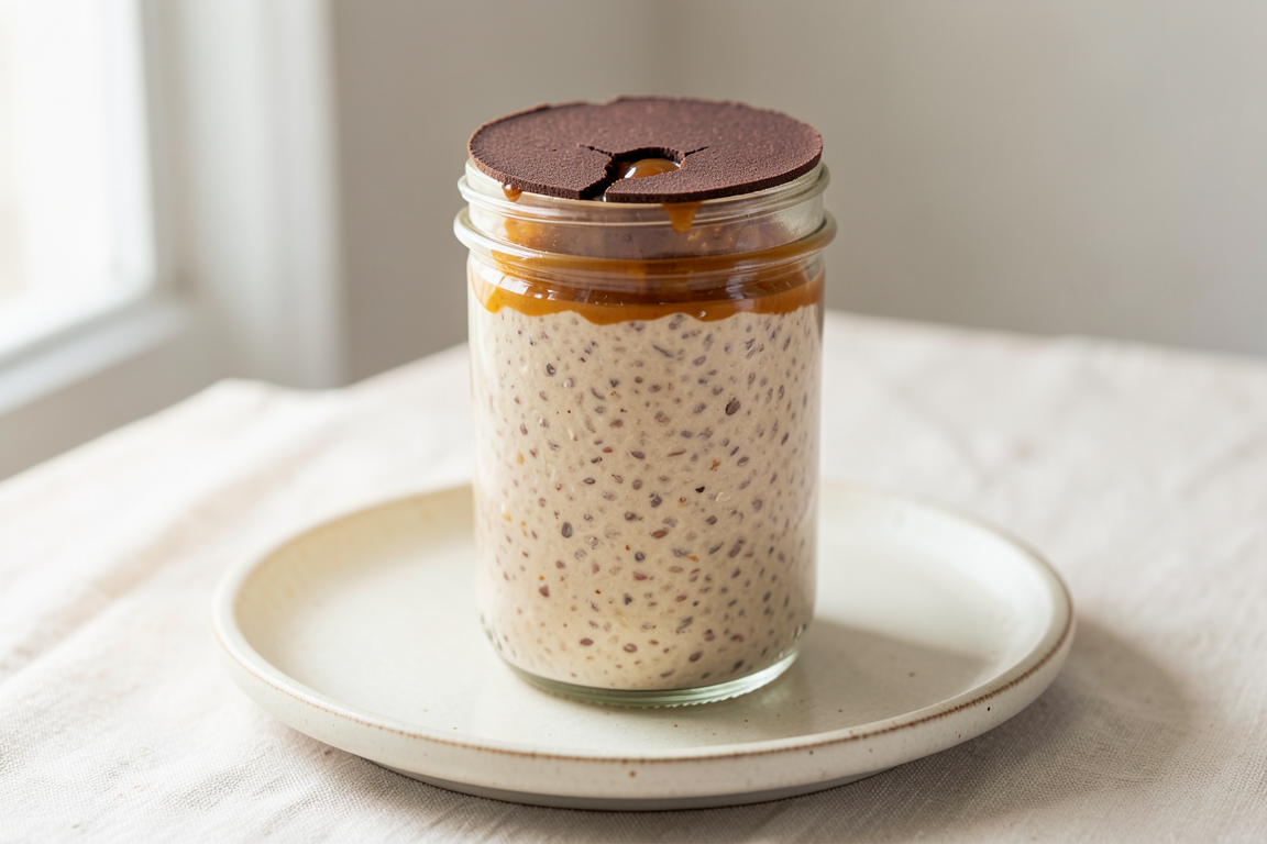 A beige oat mixture in a tall glass jar, layered with amber caramel and a thin cracked dark-chocolate top.