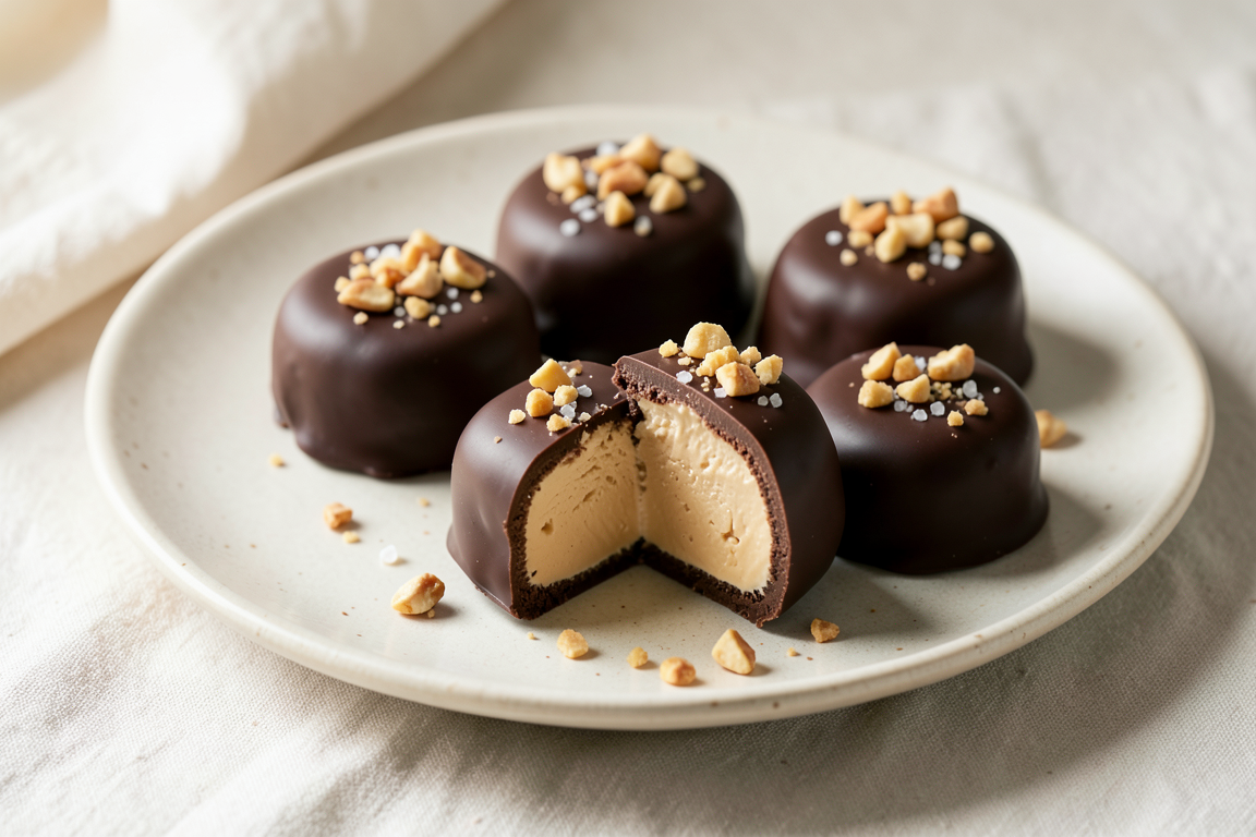 Dark chocolate-coated peanut butter yogurt bites topped with crushed peanuts and sea salt, with one cut open to show the creamy beige centre.