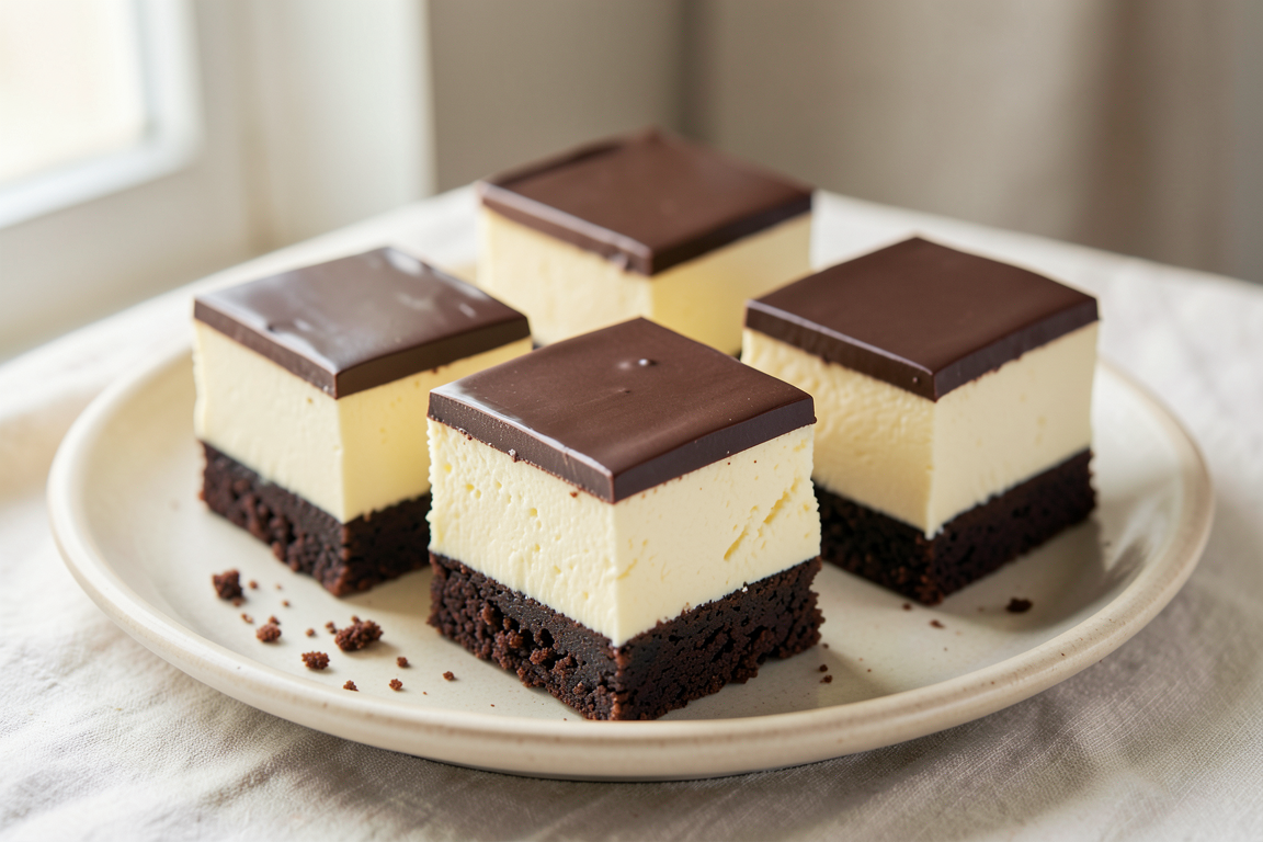 Three-layer chocolate cheesecake bars with a dark fudgy base, ivory cheesecake centre and glossy chocolate top on a pale ceramic plate.