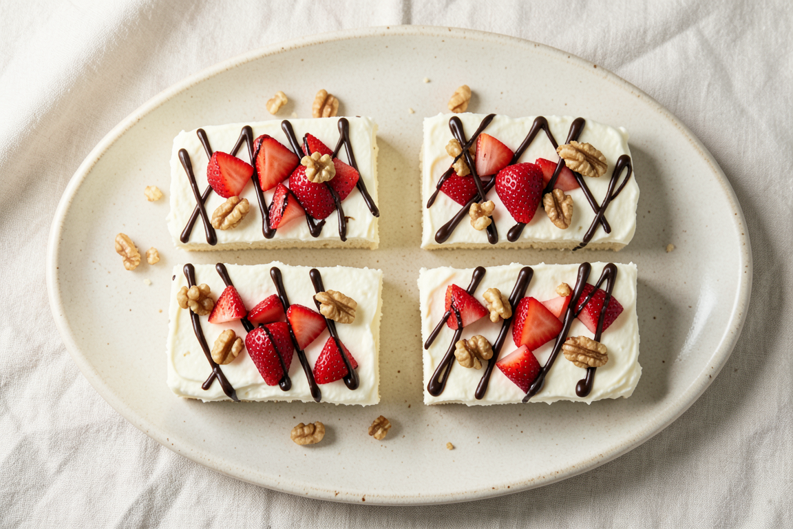 Four frozen yogurt bars topped with strawberry pieces, walnuts and dark chocolate drizzle, arranged on a pale oval plate.
