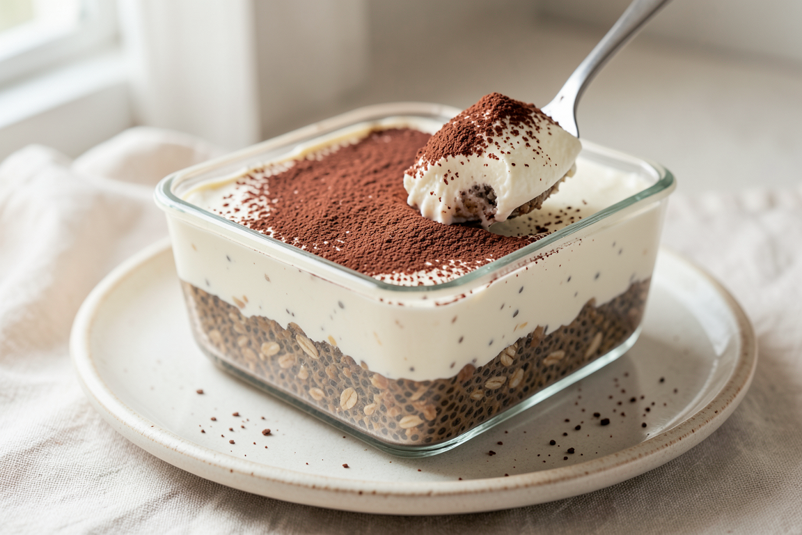 Tiramisu oats in a rectangular glass dish, with a dark oat base, a pale creamy layer and a cocoa-dusted top.