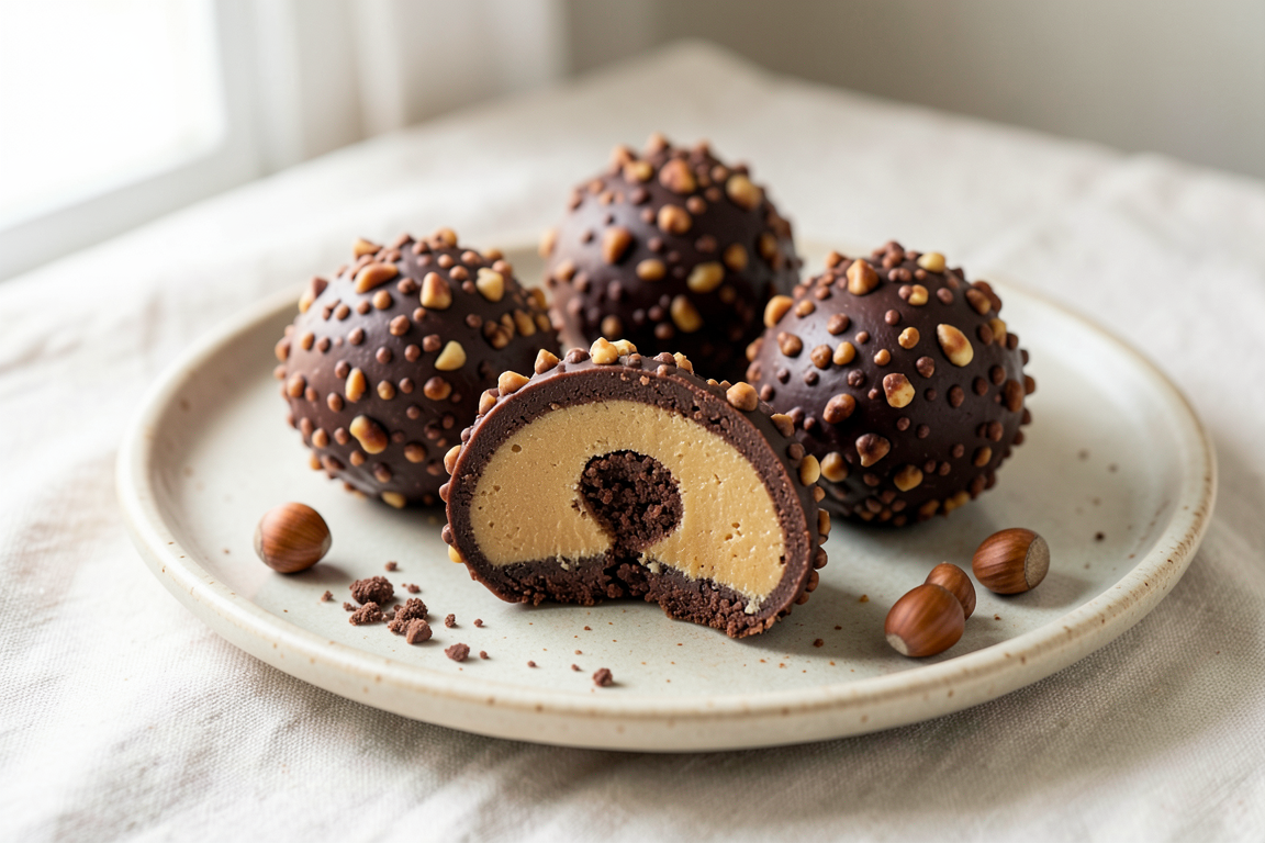 Dark chocolate hazelnut balls with a chopped-nut coating, including one cut open to reveal golden nougat and a crunchy centre.