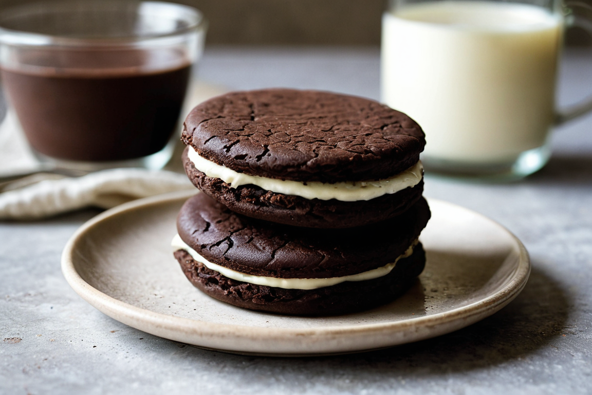 Two thick homemade dark chocolate sandwich cookies stacked on a pale ceramic plate, with generous ivory cream layers and cracked, rustic cookie surfaces.