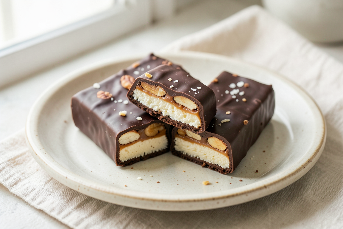 Homemade dark chocolate bars cut open to reveal a pale creamy base, peanut caramel and roasted peanuts.