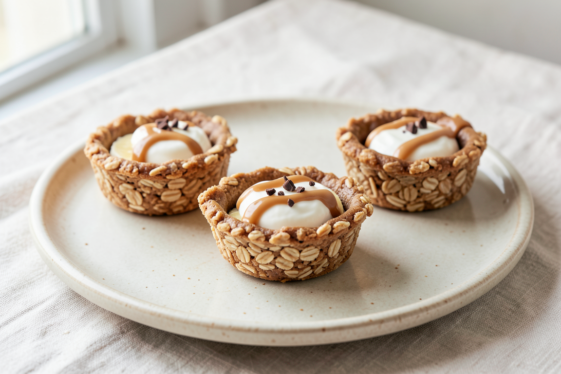 Three rustic rolled-oat cups filled with banana and Greek yogurt, topped with peanut butter drizzle and dark chocolate pieces.