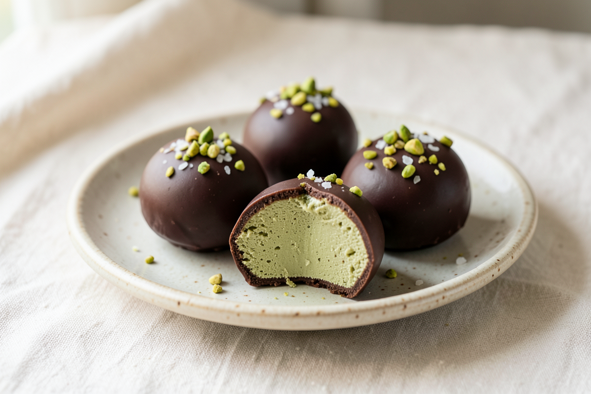 Dark chocolate pistachio scoops topped with chopped nuts and sea salt, including one cut open to reveal a pale-green centre.