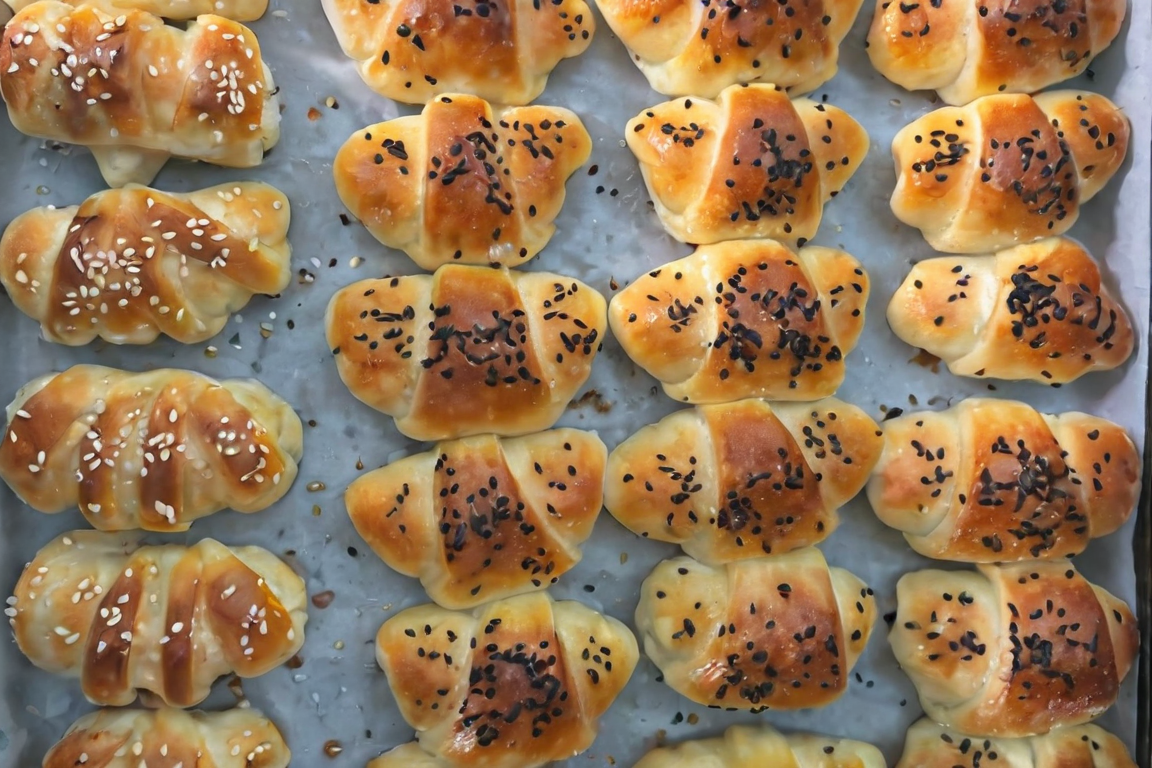 A tray of glossy, golden homemade kiflice topped with black and white sesame seeds.