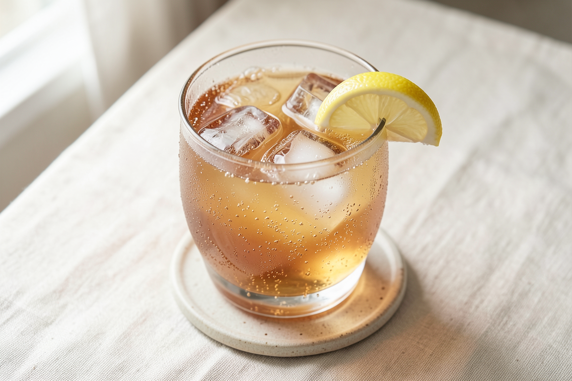 A chilled pale amber sparkling tea drink with ice and a fresh lemon wedge in a clear tumbler on a pale stone surface.
