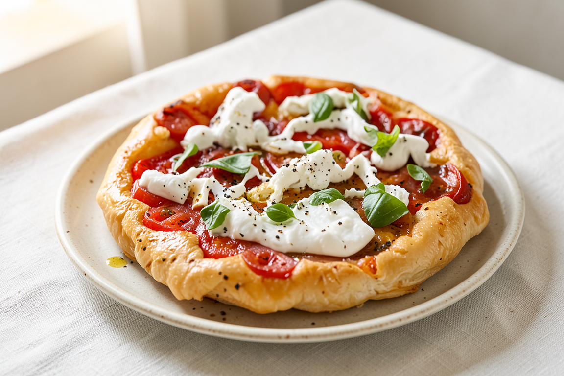 A round golden puff-pastry tart topped with roasted tomatoes, torn burrata and fresh basil on a pale ceramic plate.