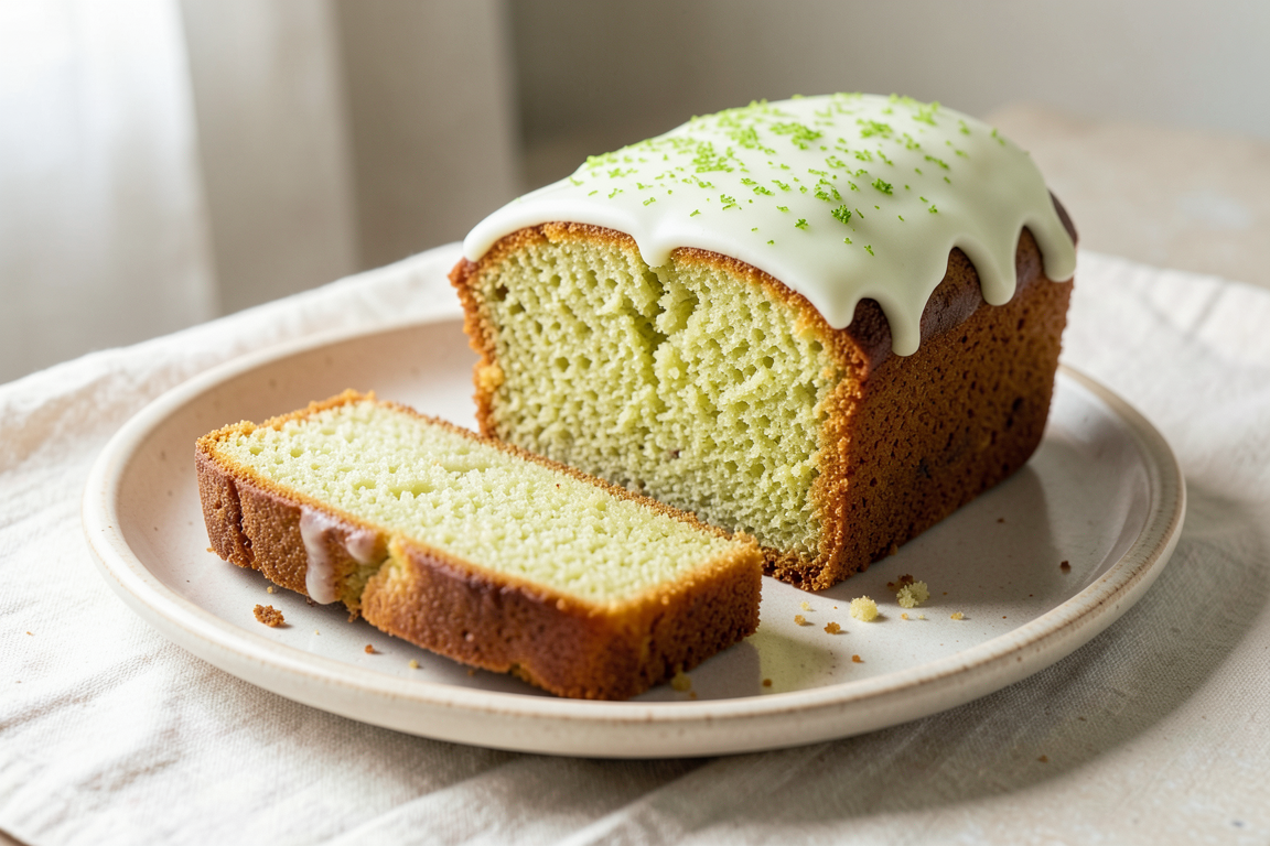 A golden whole-lime loaf cake with thick white icing and green lime zest, with two slices showing the moist pale crumb.
